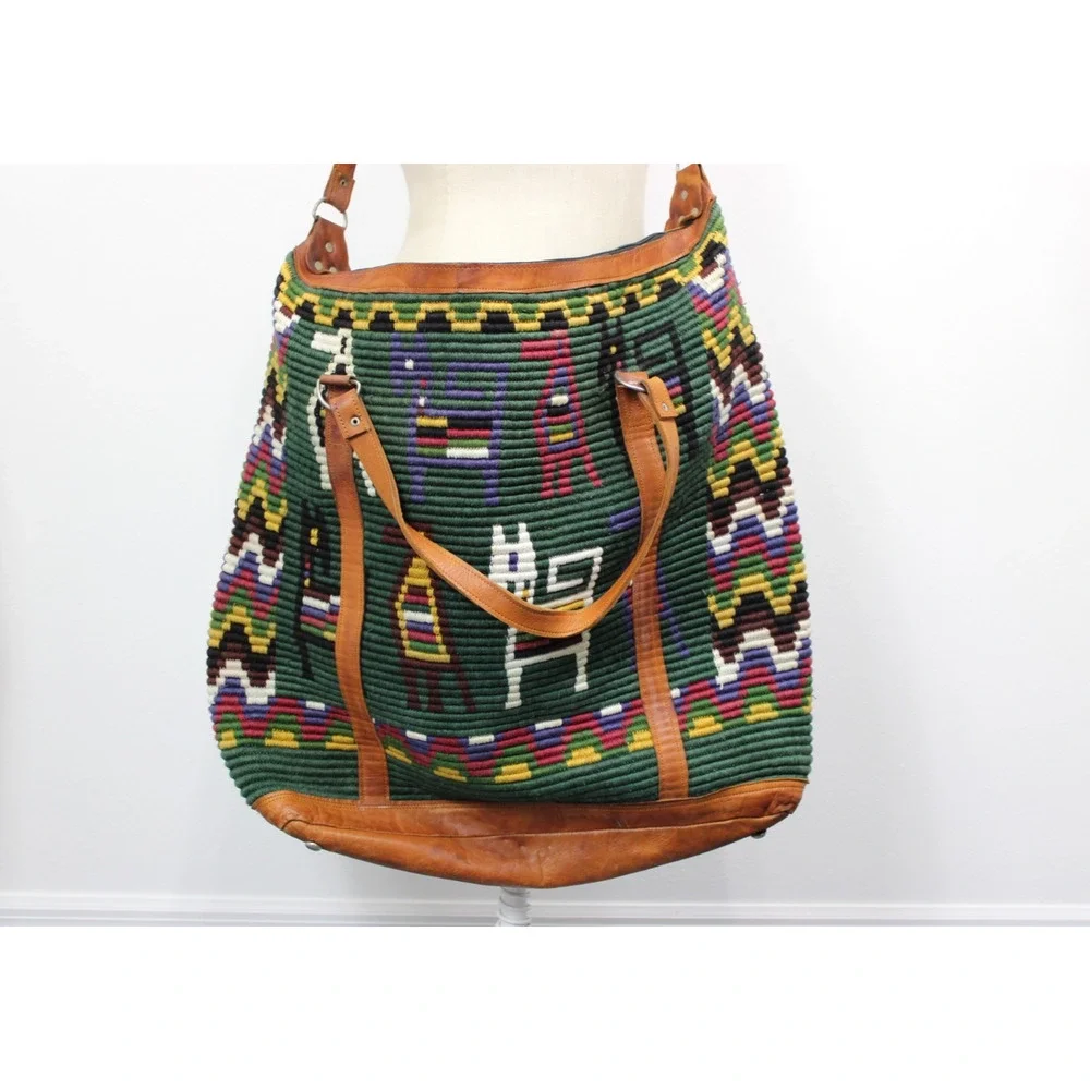 Vintage Handmade Woven Tote Bag Leather Trim Boho Guatemala Alpaca Wool Travel - Picture 2 of 14